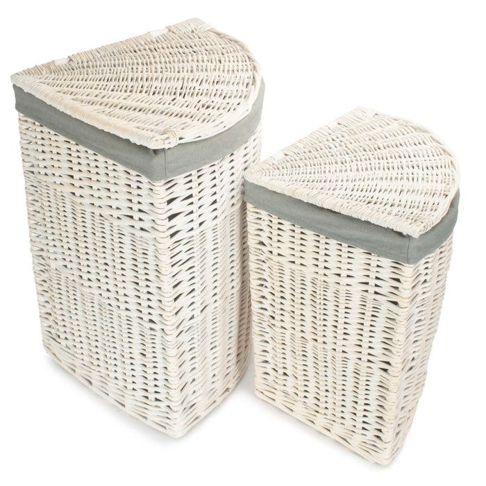 The Willow Basket Corner White Wash Laundry Hamper with Grey Sage Lining