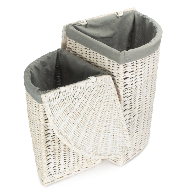 The Willow Basket Corner White Wash Laundry Hamper with Grey Sage Lining