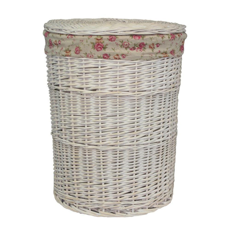 White Wash Round Garden Rose Lined Laundry Basket