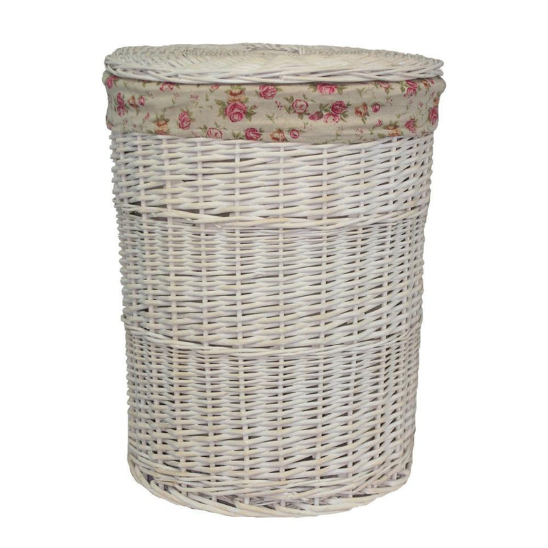 The Willow Basket White Wash Round Garden Rose Lined Laundry Basket
