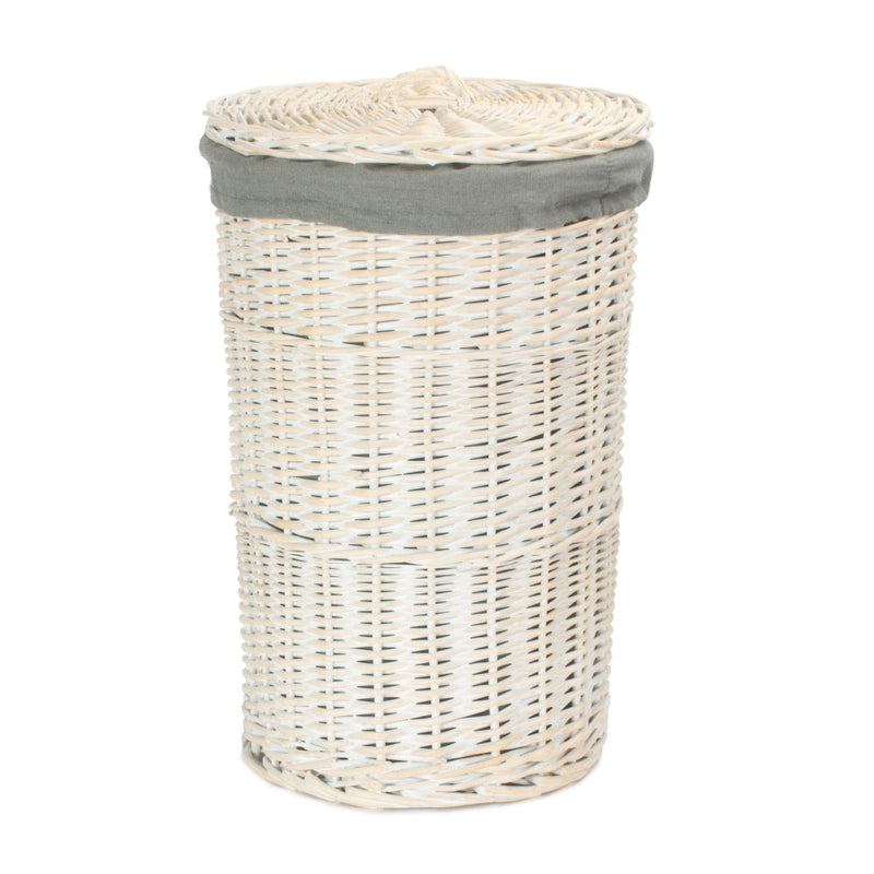 Round White Wash Laundry Hamper with Grey Sage Lining