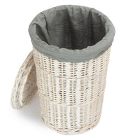 The Willow Basket Round White Wash Laundry Hamper with Grey Sage Lining