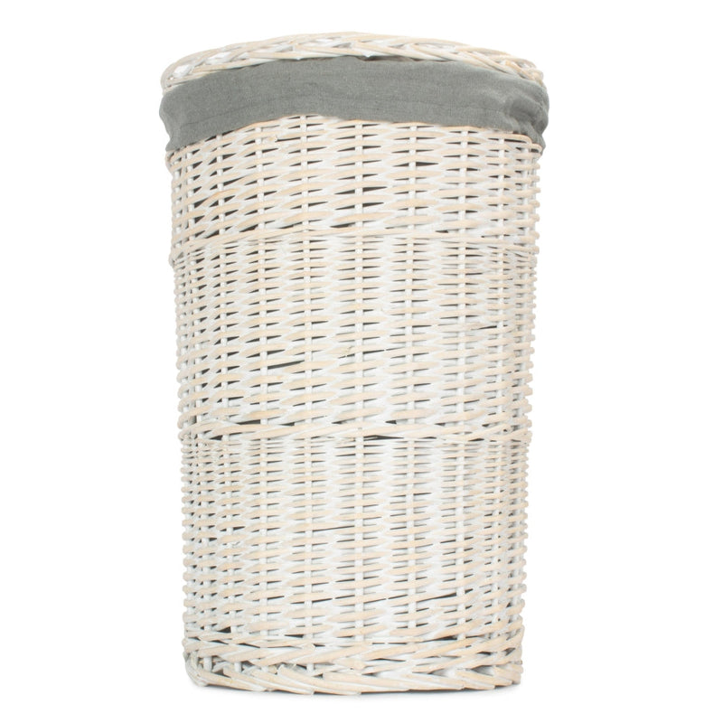 The Willow Basket Round White Wash Laundry Hamper with Grey Sage Lining