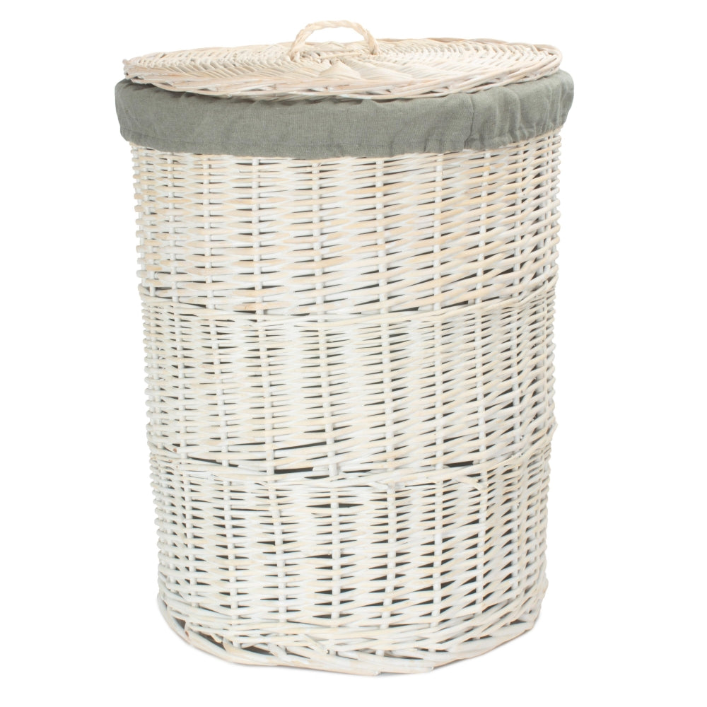 The Willow Basket Round White Wash Laundry Hamper with Grey Sage Lining