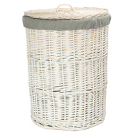 The Willow Basket Round White Wash Laundry Hamper with Grey Sage Lining