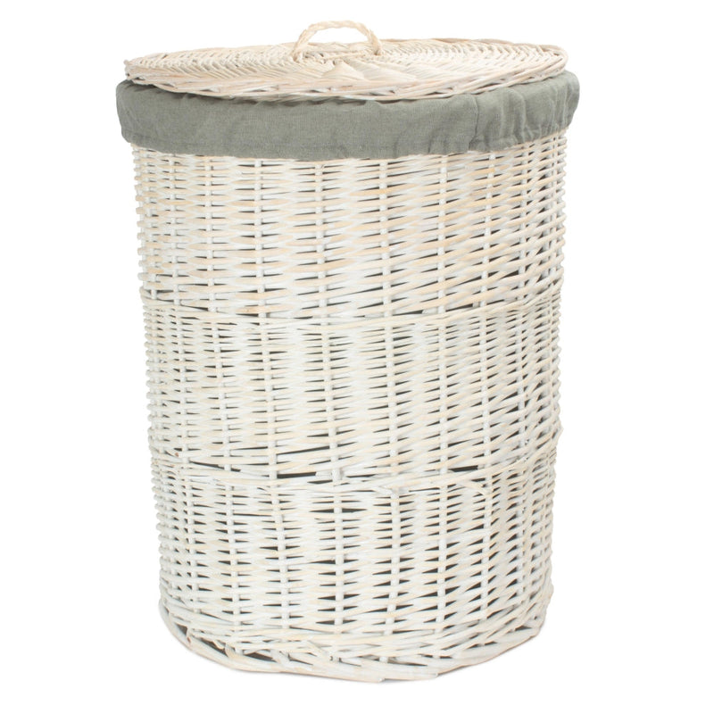 The Willow Basket Round White Wash Laundry Hamper with Grey Sage Lining