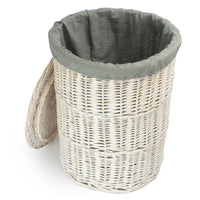 The Willow Basket Round White Wash Laundry Hamper with Grey Sage Lining