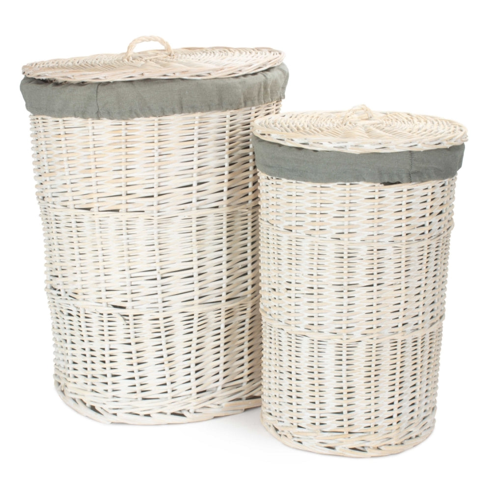 The Willow Basket Round White Wash Laundry Hamper with Grey Sage Lining
