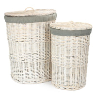 The Willow Basket Round White Wash Laundry Hamper with Grey Sage Lining
