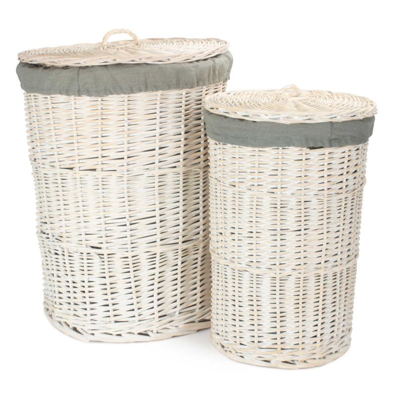 The Willow Basket Round White Wash Laundry Hamper with Grey Sage Lining