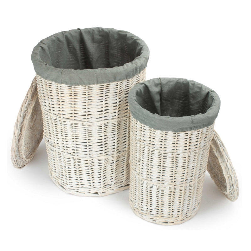 The Willow Basket Round White Wash Laundry Hamper with Grey Sage Lining