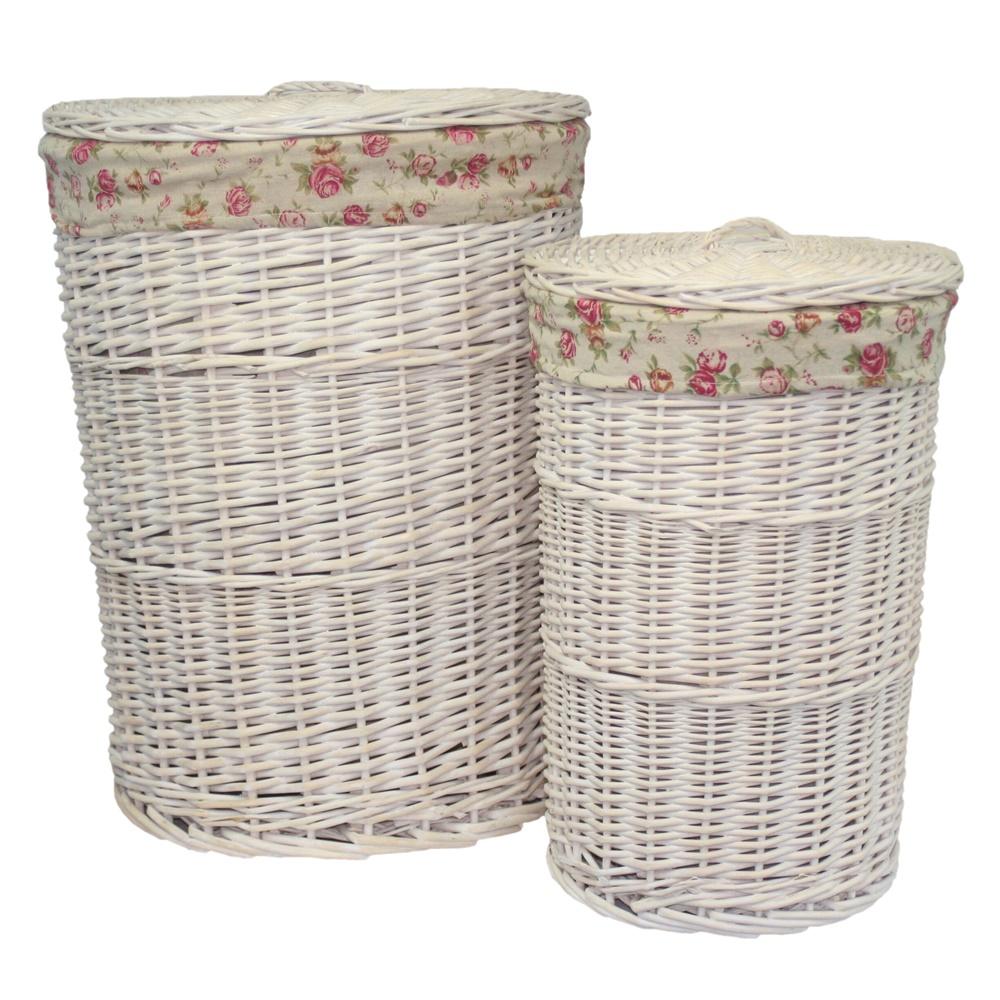 White Wash Round Garden Rose Lined Laundry Basket