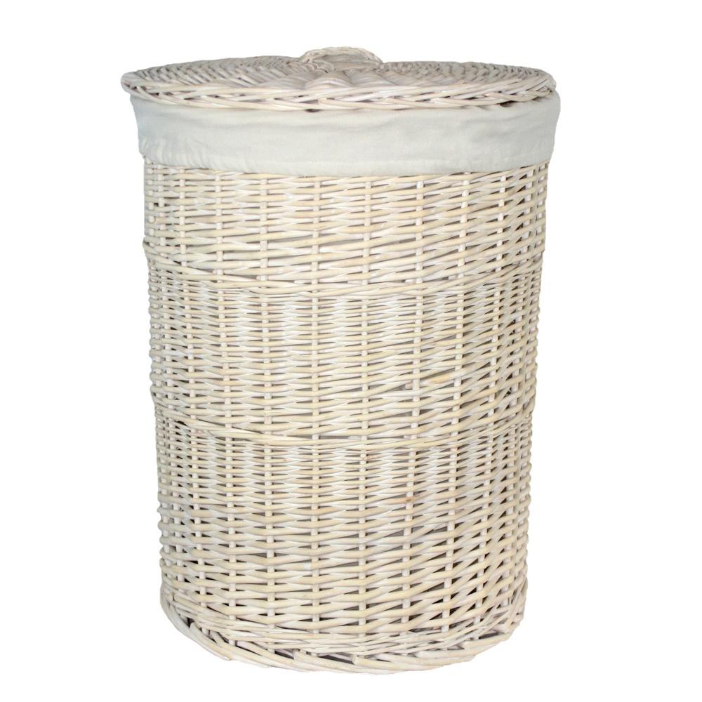The Willow Basket White Wash Round White Cotton Lined Laundry Basket