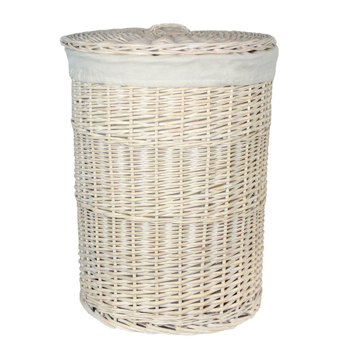 The Willow Basket White Wash Round White Cotton Lined Laundry Basket