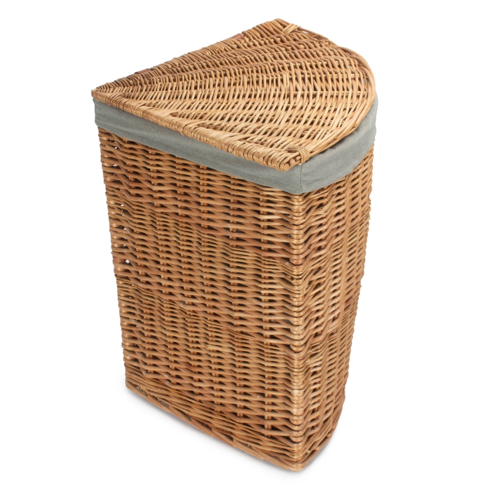Light Steamed Corner Linen Basket with Grey Sage Lining