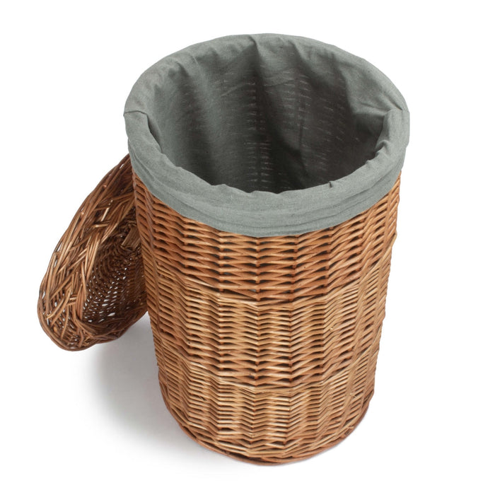 The Willow Basket Light Steamed Round Linen Basket with Grey Sage Lining