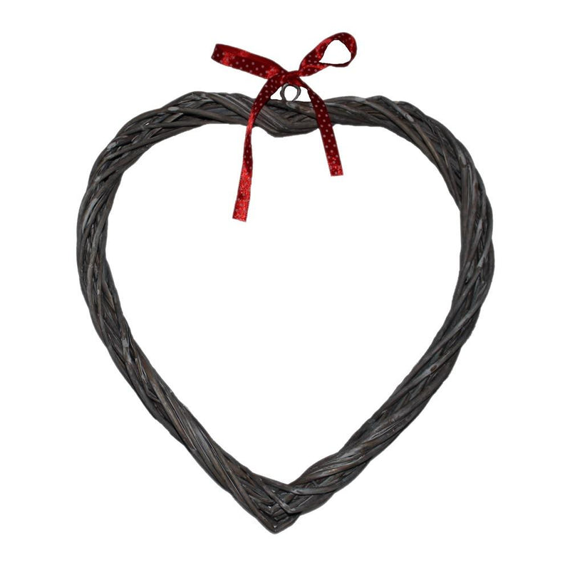 Wicker Slim Heart Wreath With Red Spotty Ribbon