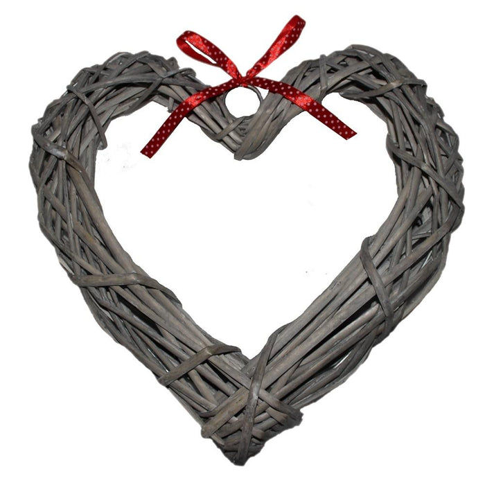 The Willow Basket Wicker Wide Heart Wreath With Red Spotty Ribbon