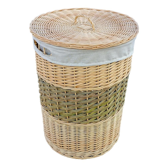 Two Toned Round Wicker Laundry Basket with Lid