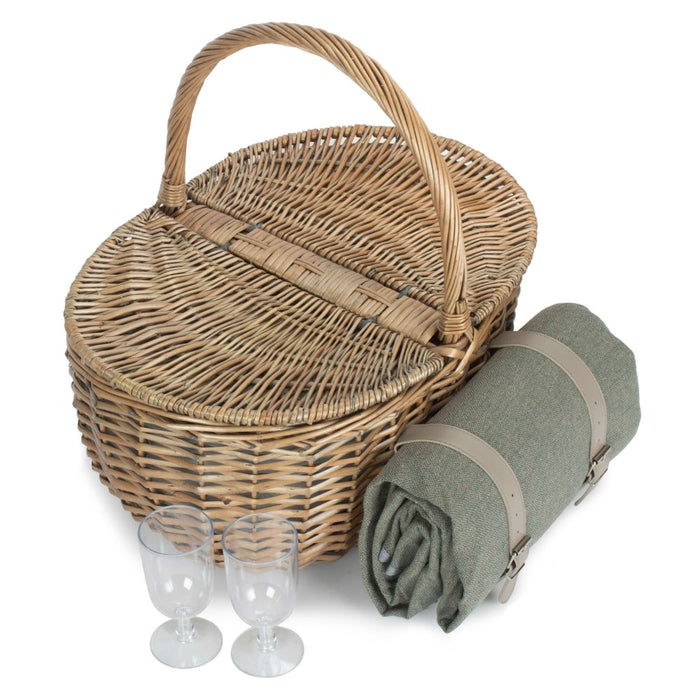 The Willow Basket Oval Grey Sage 2 Person Fitted Picnic Basket