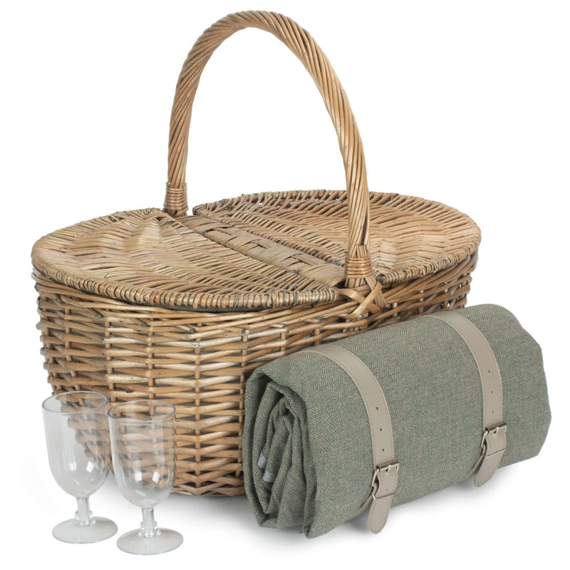The Willow Basket Oval Grey Sage 2 Person Fitted Picnic Basket