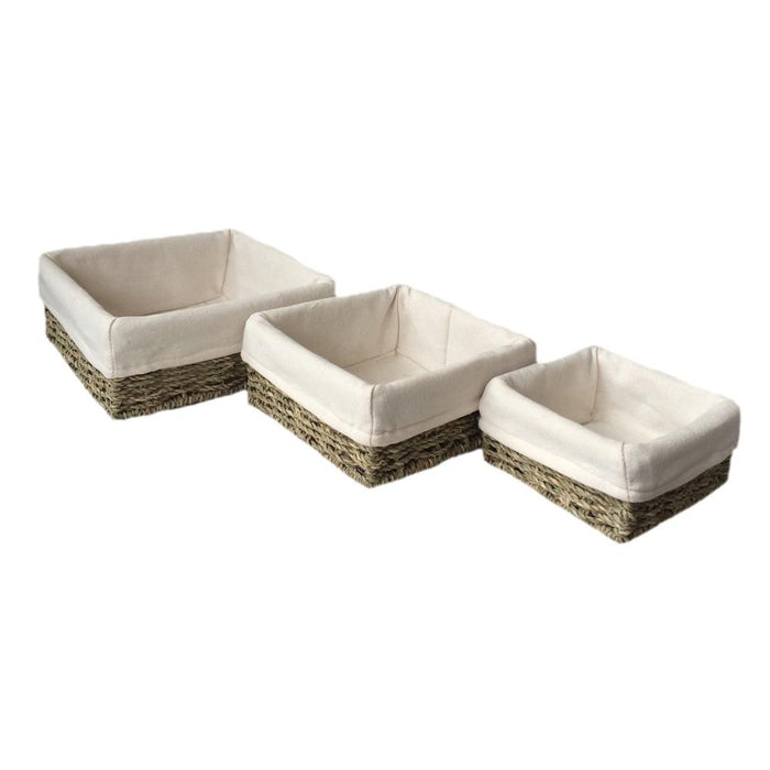 The Willow Basket Set of 3 Cotton Lined Square Seagrass Tray