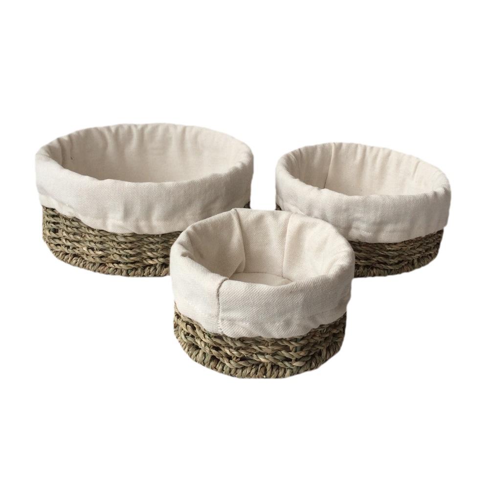 Set of 3 Cotton Lined Round Seagrass Tray