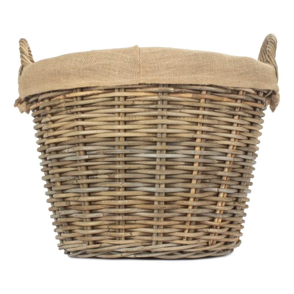 The Willow Basket Lined Round Grey Rattan Log Basket