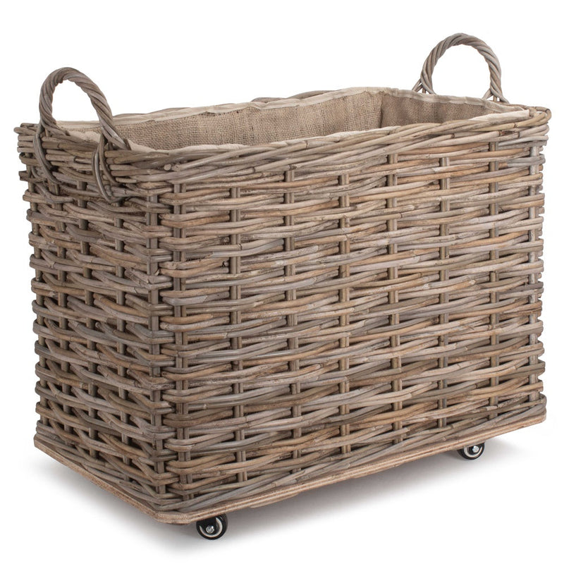 Wheeled Rattan Hessian Lined Log Basket