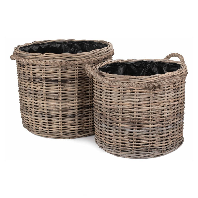 Rope Handled Rattan Round Planter with Plastic Lining