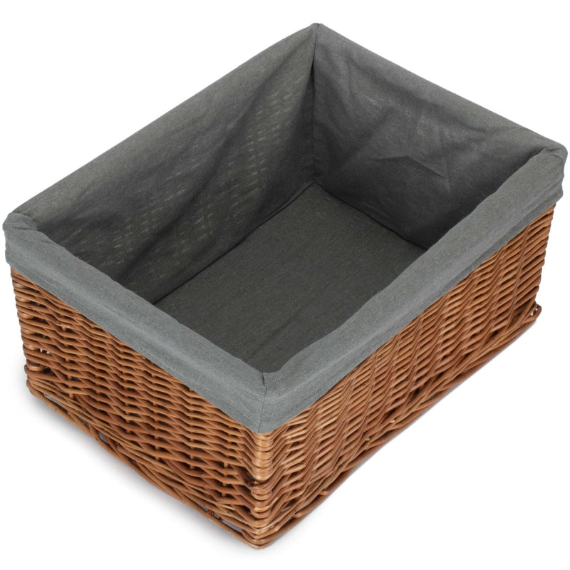 The Willow Basket Double Steamed Grey Cotton Lined Willow Storage Baskets