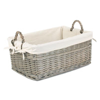 The Willow Basket Shallow Cotton Lined Antique Wash Storage Wicker Basket