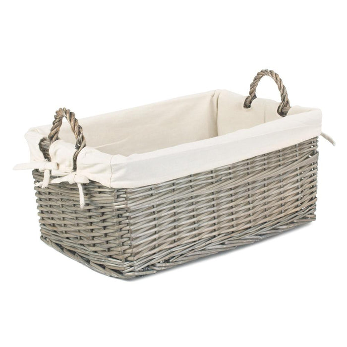 The Willow Basket Shallow Cotton Lined Antique Wash Storage Wicker Basket