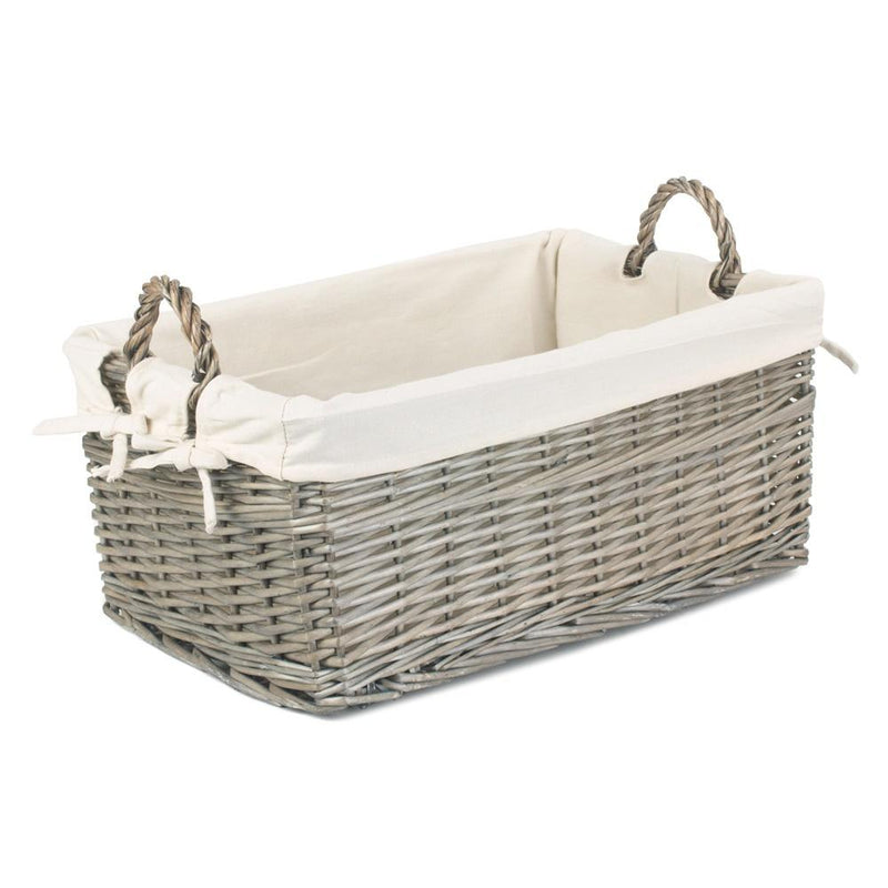The Willow Basket Shallow Cotton Lined Antique Wash Storage Wicker Basket