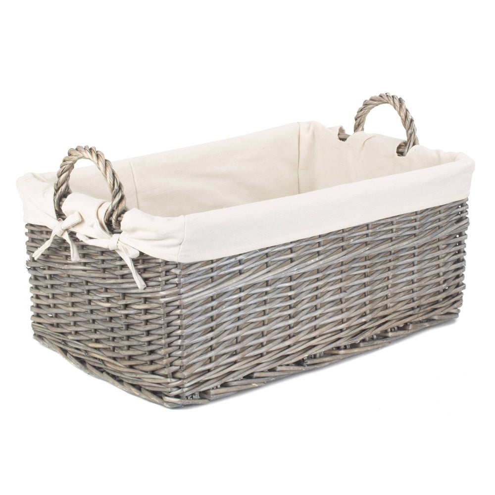 Shallow Cotton Lined Antique Wash Storage Wicker Basket