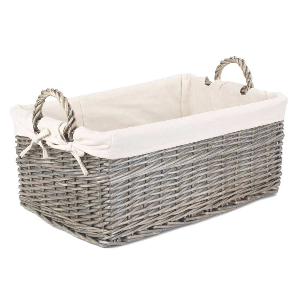 The Willow Basket Shallow Cotton Lined Antique Wash Storage Wicker Basket