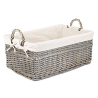 The Willow Basket Shallow Cotton Lined Antique Wash Storage Wicker Basket