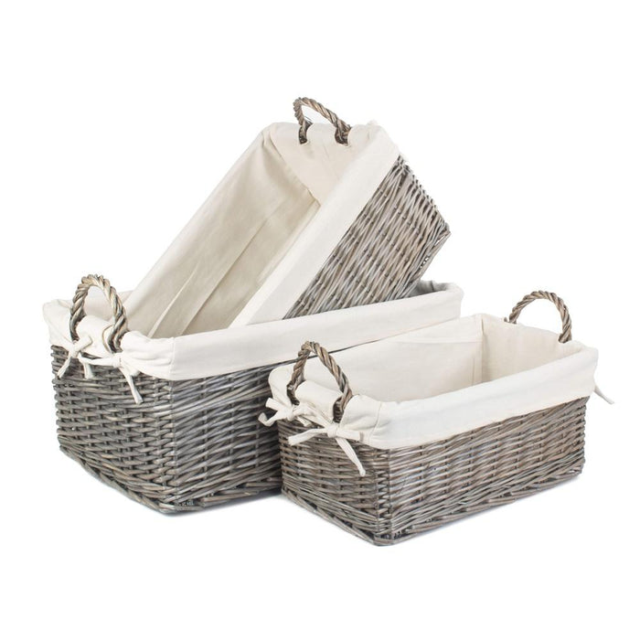 The Willow Basket Shallow Cotton Lined Antique Wash Storage Wicker Basket