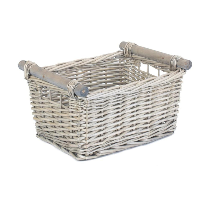 The Willow Basket Grey Wash Wooden Handled Wicker Storage Basket