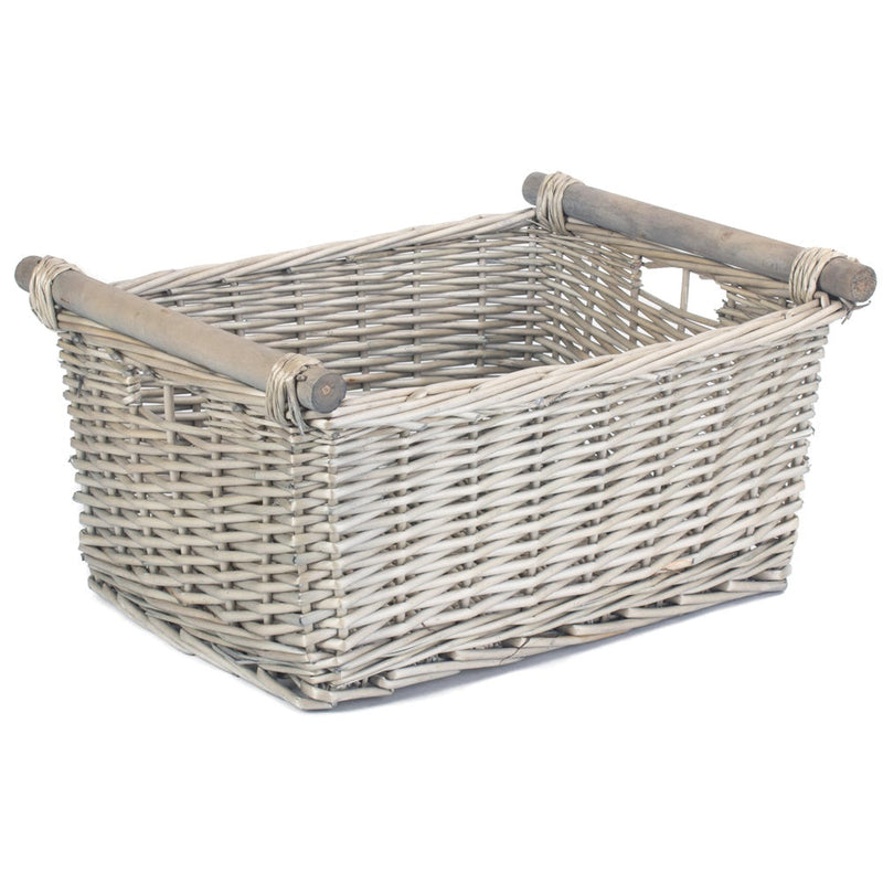 Grey Wash Wooden Handled Wicker Storage Basket