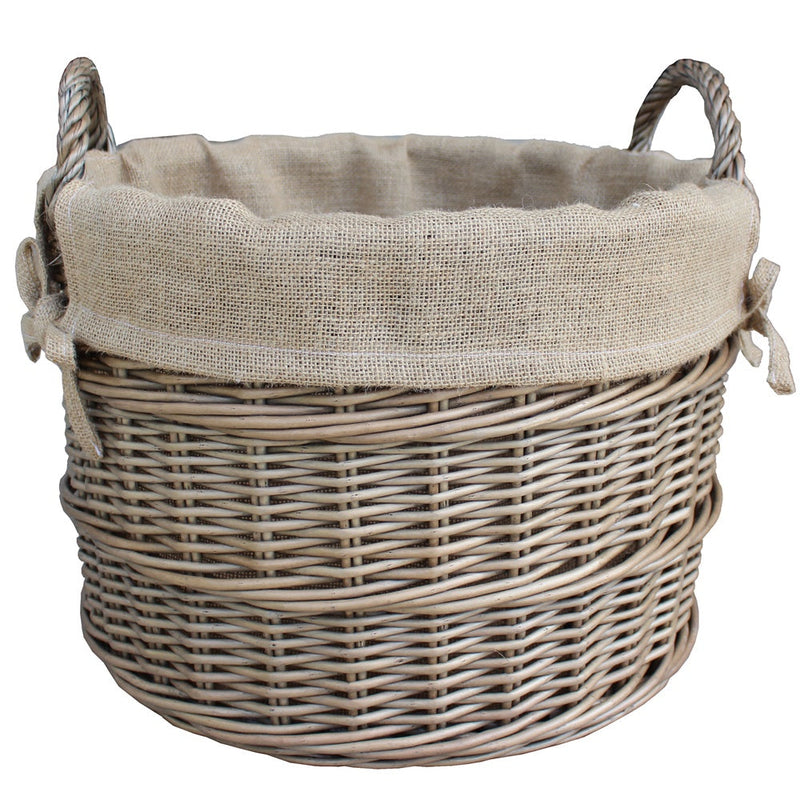 Round Hessian Lined Wicker Log Basket