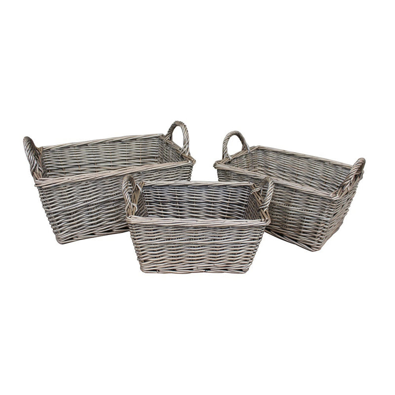 Wicker Antique Wash Finish Handled Unlined Storage Basket