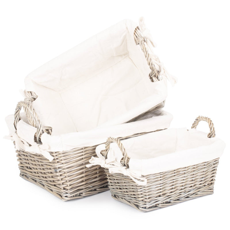 Antique Wash Wicker Handled Lined Storage Basket