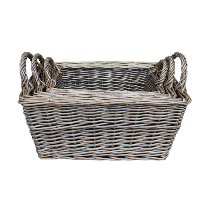 Wicker Antique Wash Finish Handled Unlined Storage Basket