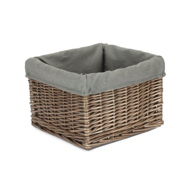 The Willow Basket Small Square Antique Wash Grey Lined Storage Basket