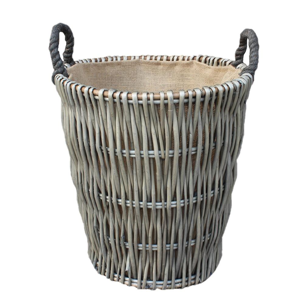 Tall Grey Round Hessian Lined Wicker Log Basket