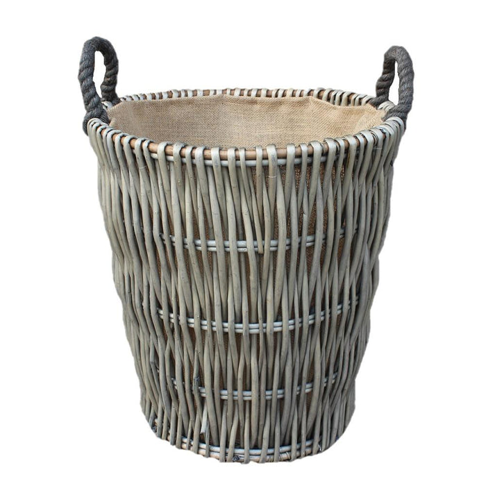 The Willow Basket Tall Grey Round Hessian Lined Wicker Log Basket