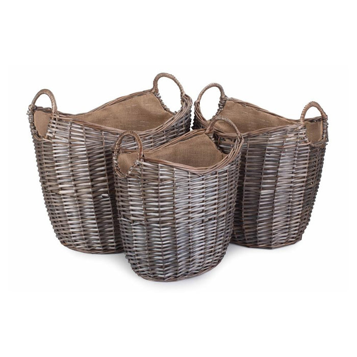 Scoop Neck Antique Wash Hessian Lined Wicker Log Basket