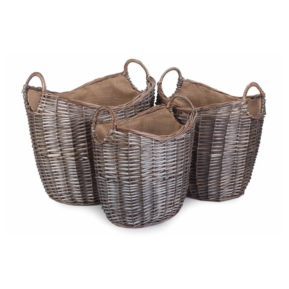 Scoop Neck Antique Wash Hessian Lined Wicker Log Basket