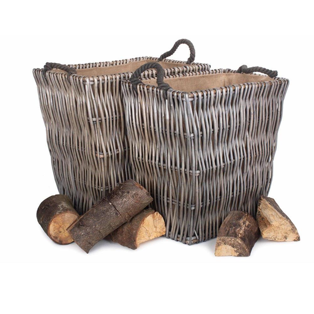 Grey Rectangular Wicker Log Basket